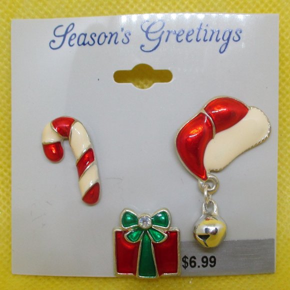 3 Piece Enamel Christmas Brooch Set Enamel Candycane Brooch Enamel Santa Clause - Picture 1 of 9